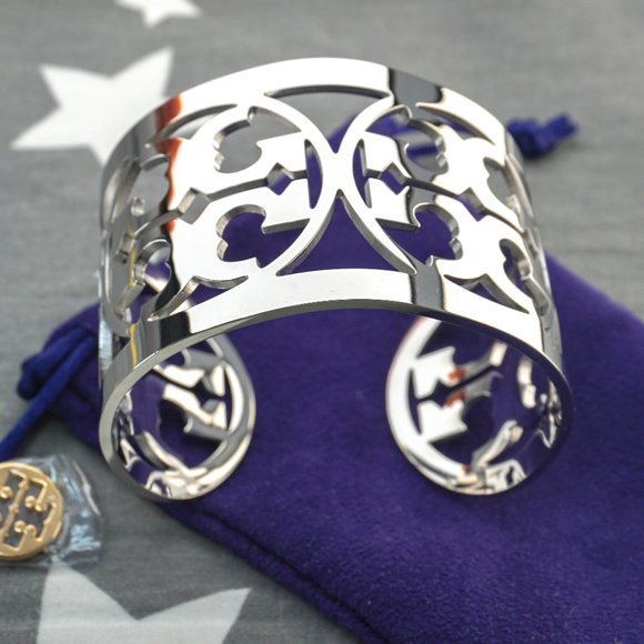 Tory Burch Reva Cut Out Logo Cuff Bracelet in Silver (Brand New with Dust Bag) - Picture 3 of 7